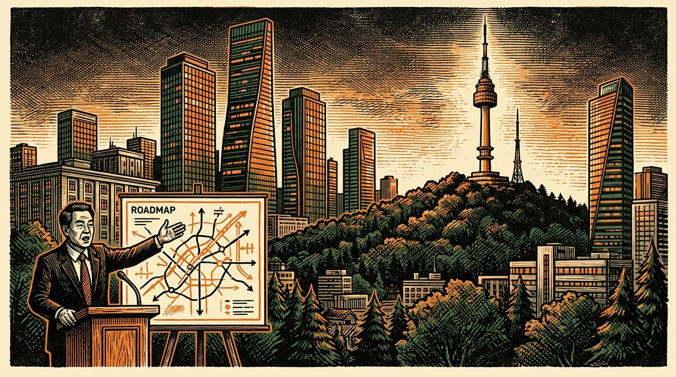 An official presents a roadmap chart against the Seoul skyline with N Seoul Tower, linocut