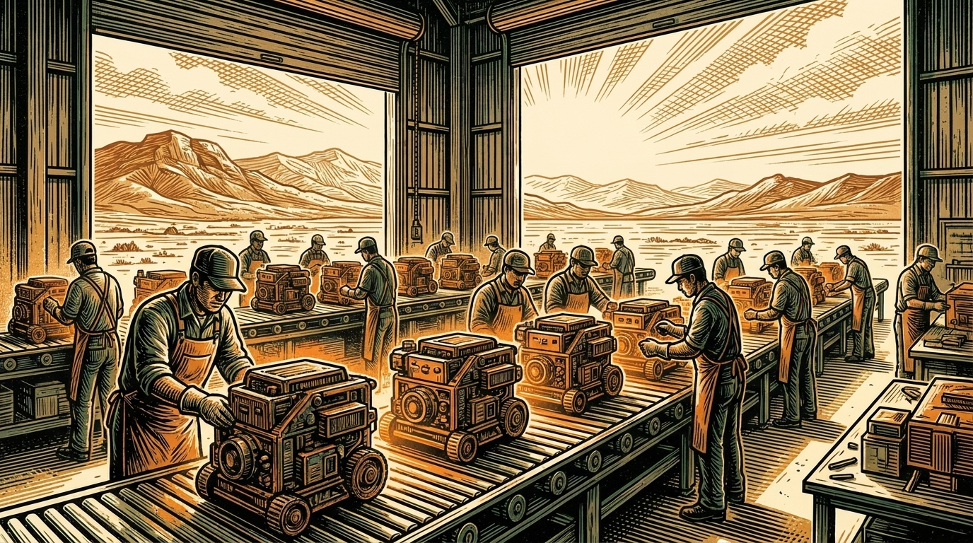 Workers assemble mining machines on a production line in a Nevada desert plant, linocut