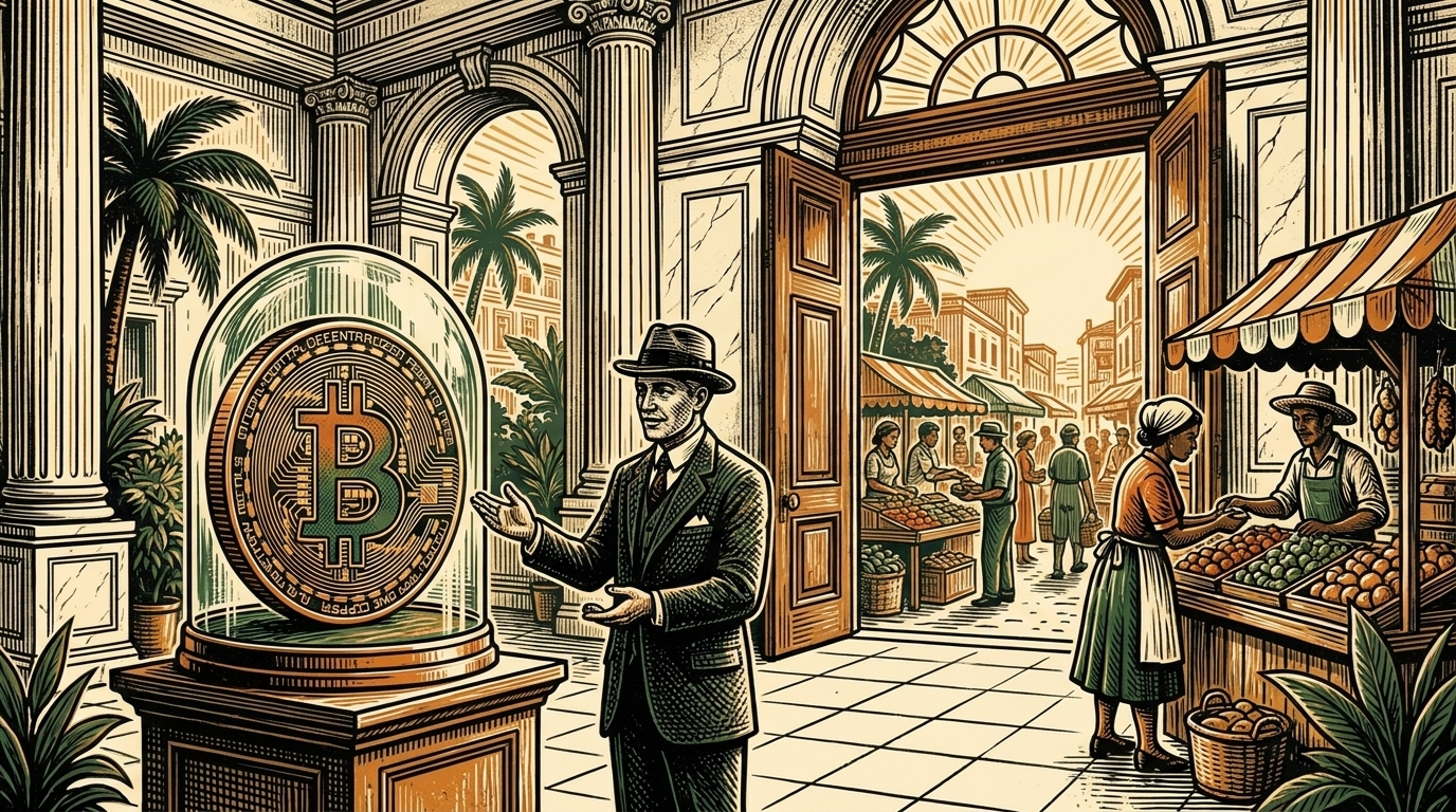 A bitcoin coin under a glass dome in a bank hall while people trade in a street market outside, linocut
