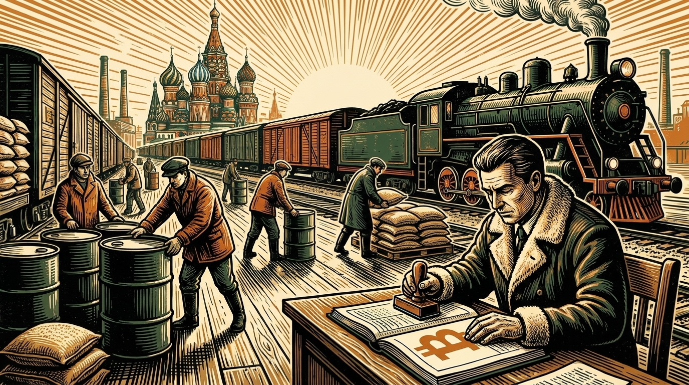 A Moscow freight yard loading oil and grain for export, linocut