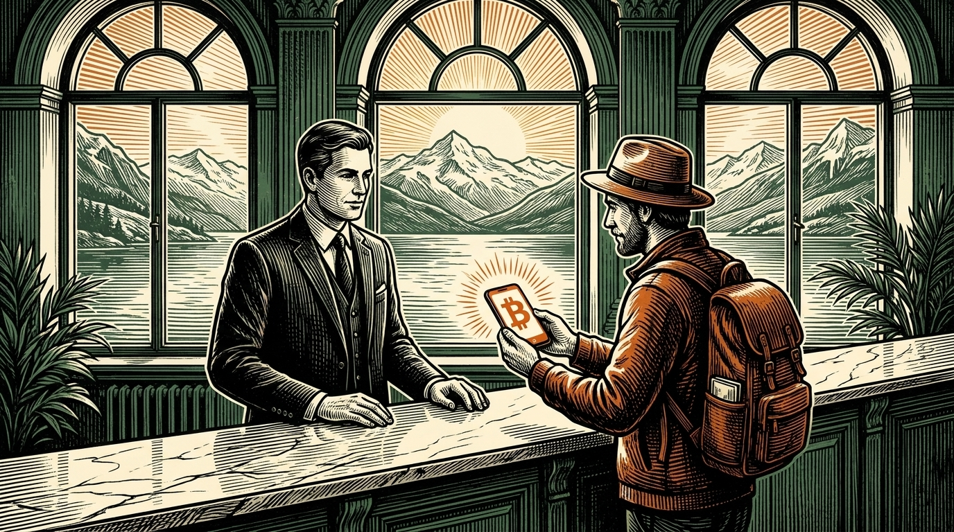 A lakeside Ticino bank hall in the Swiss Alps, a client holding a phone showing bitcoin, linocut