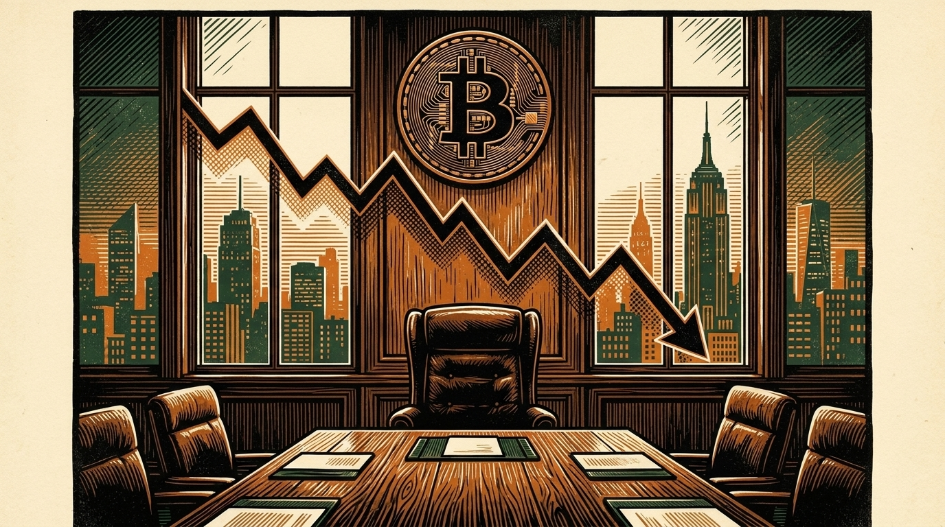 An empty boardroom chair beneath a carved bitcoin emblem and a falling chart, linocut