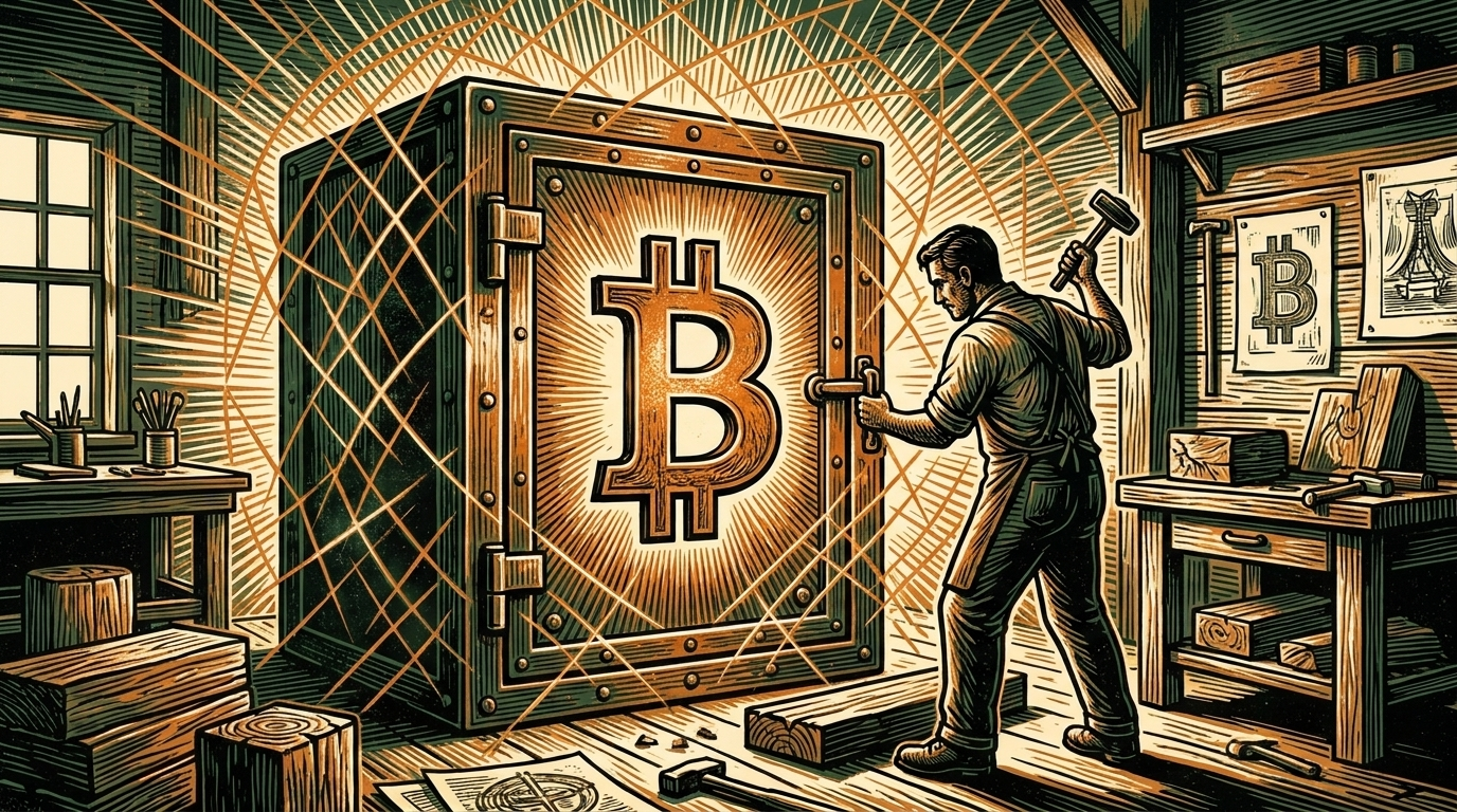 An engraver reinforcing an iron vault door stamped with a bitcoin symbol, linocut