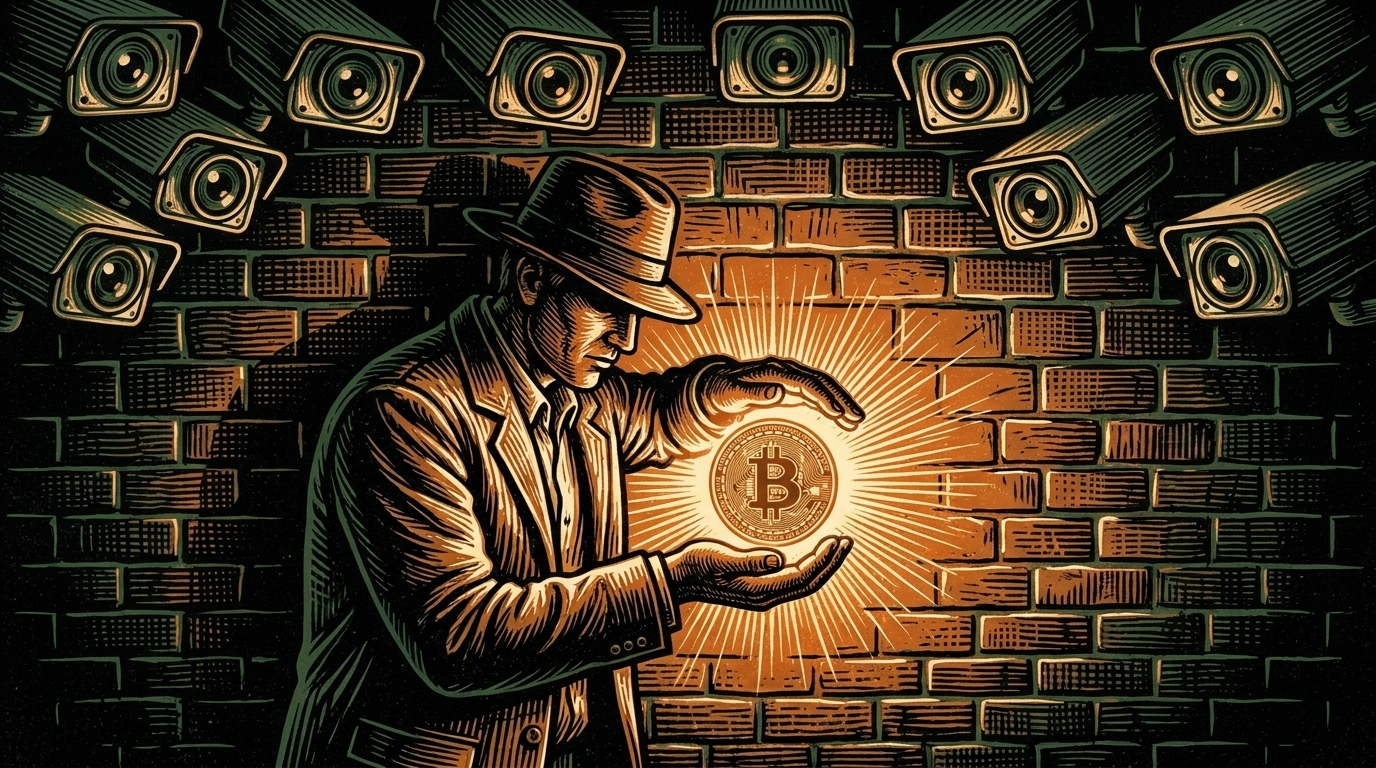 A person shielding a glowing bitcoin coin from a wall of watching camera-eyes, linocut