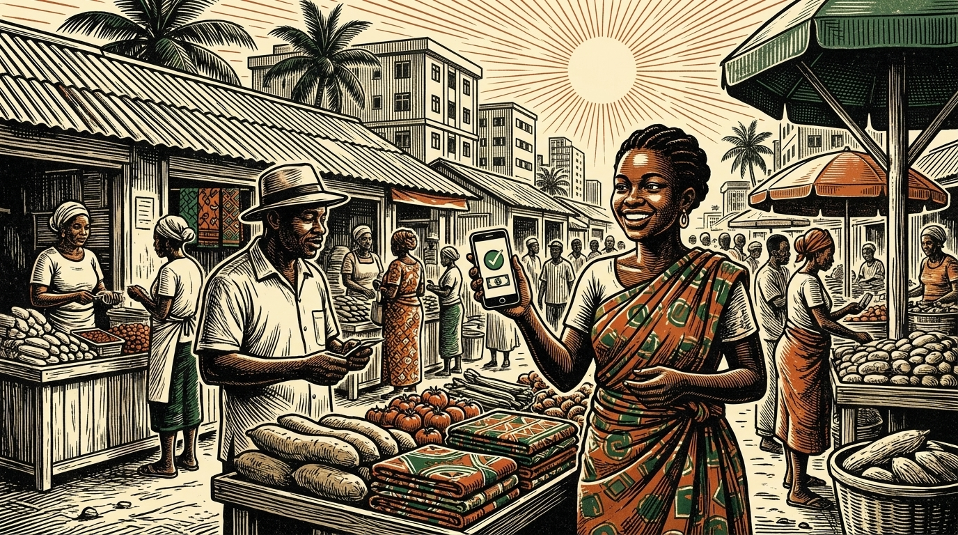 A Lagos market vendor holding up a phone showing a payment received, linocut