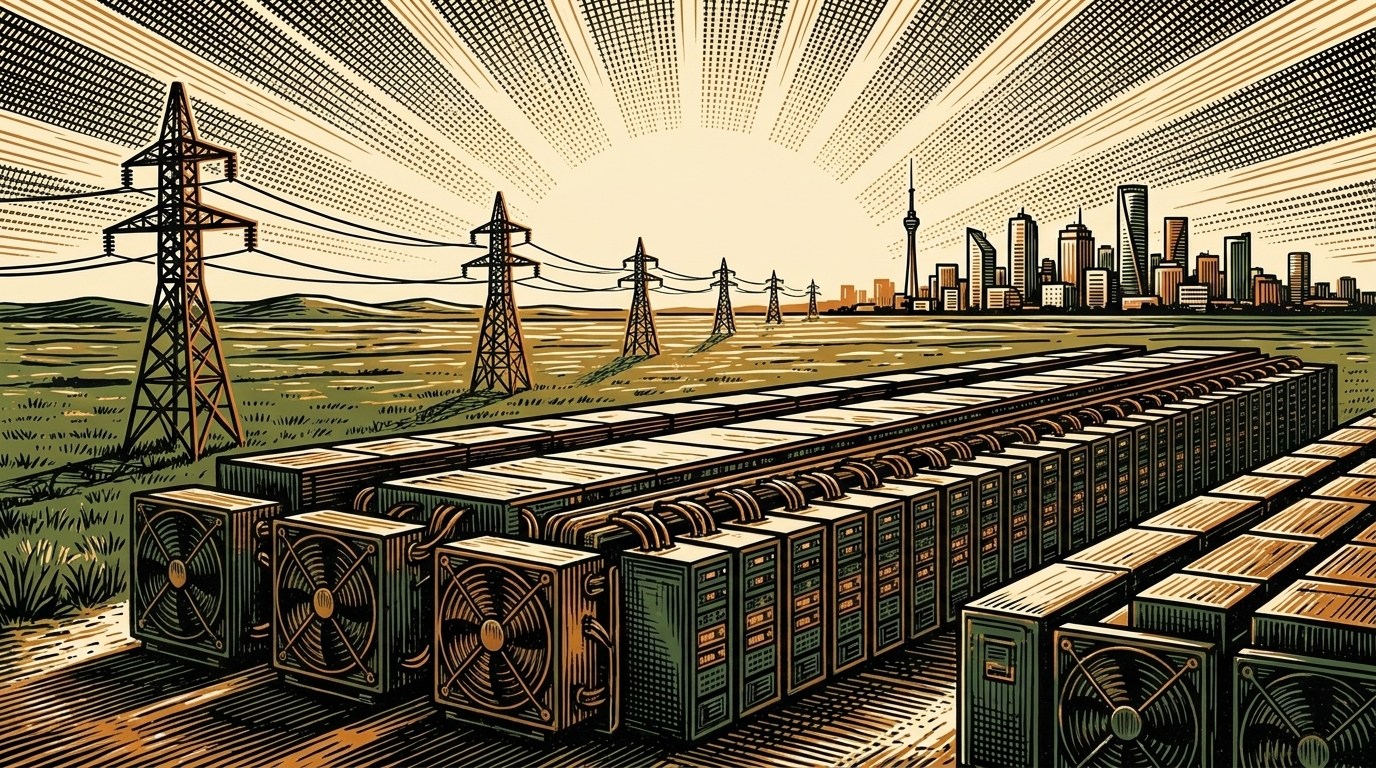 A bitcoin-mining hall on the Kazakh steppe with power lines to a distant skyline, linocut