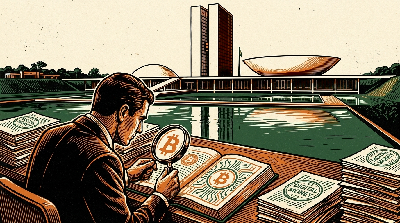 A tax clerk examining a ledger through a magnifying glass before Brazil's National Congress, linocut