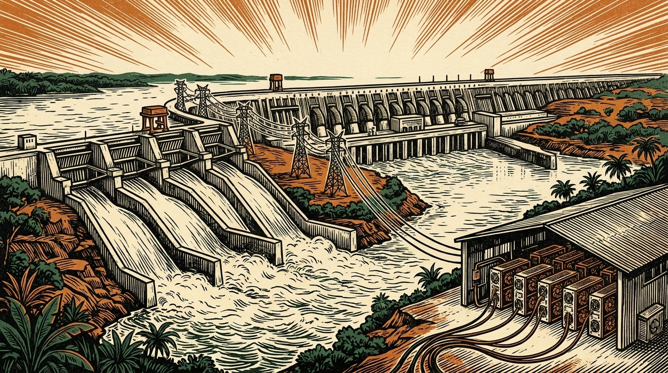 The Itaipú dam feeding a bitcoin-mining shed with transmission towers, linocut