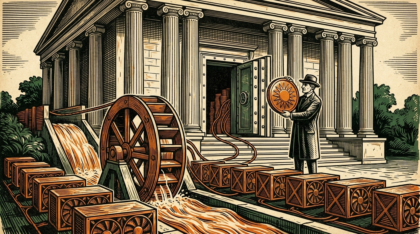 An allegory of a state treasury mining bitcoin from a turbine, linocut