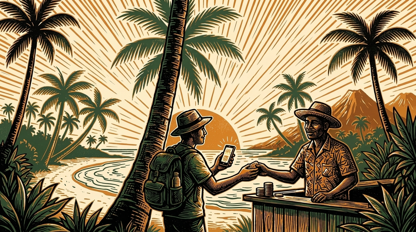 A Salvadoran surf-town shopkeeper taking a phone payment at golden hour, linocut