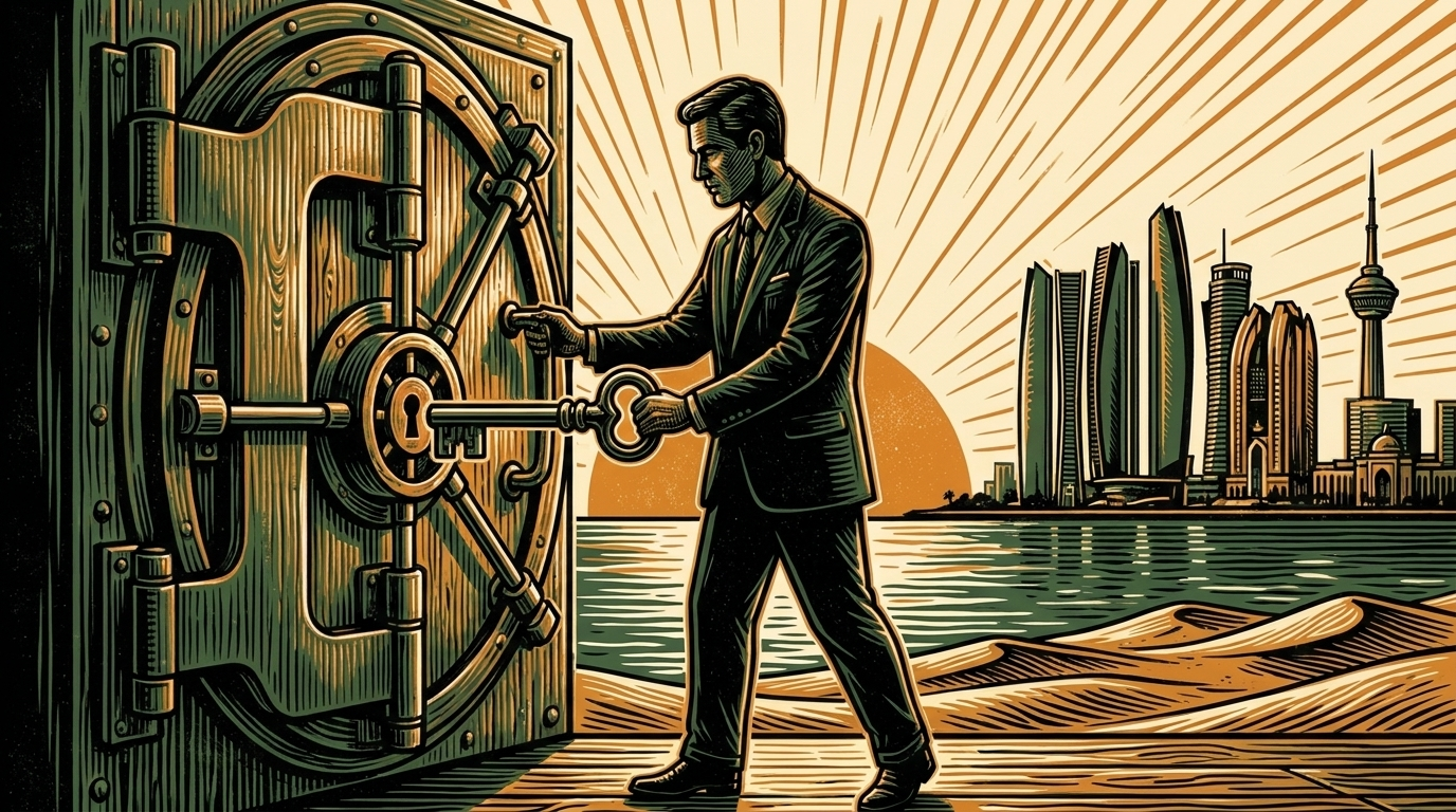 An institutional banker locking a vault door on the Abu Dhabi waterfront, linocut