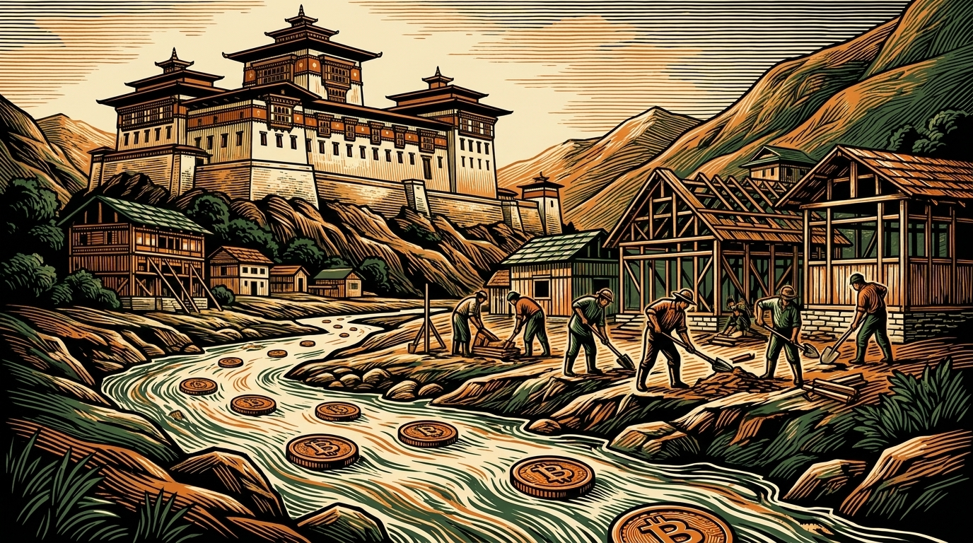 A Himalayan fortress-monastery above a river carrying coins downstream in Bhutan, linocut
