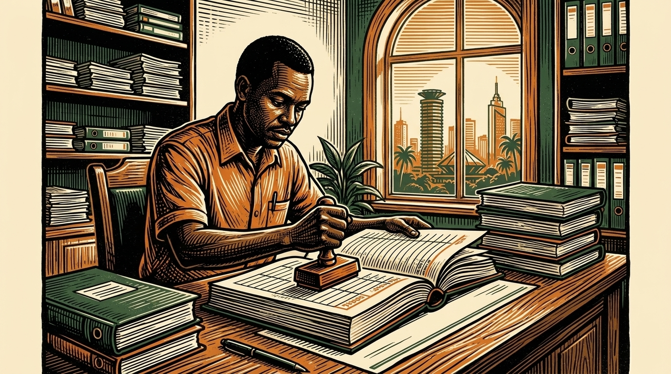 A clerk stamping a tall ledger in a Nairobi revenue office, city skyline through the window, linocut