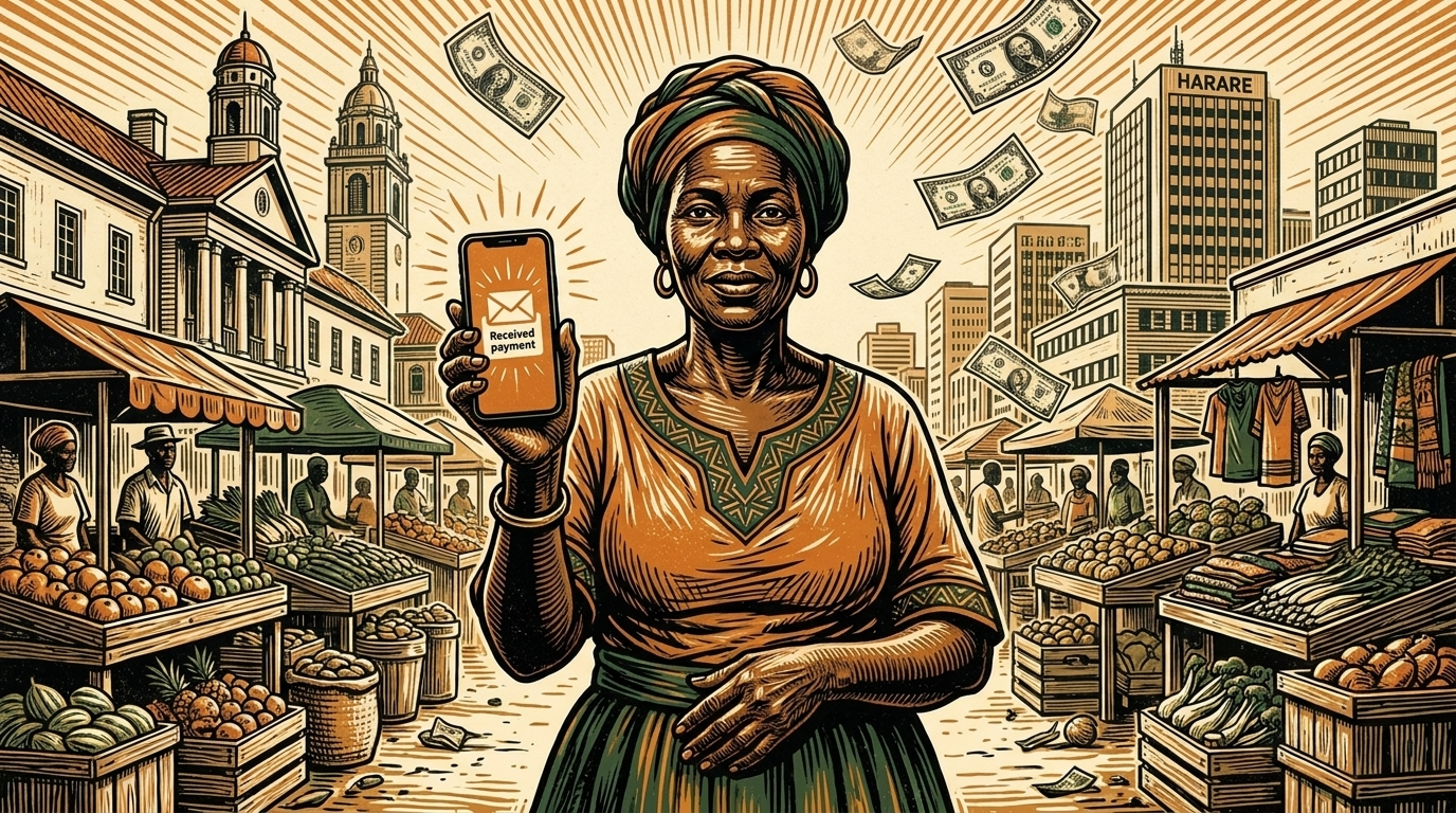A Harare market vendor holding up a phone as worn banknotes scatter in the wind, linocut