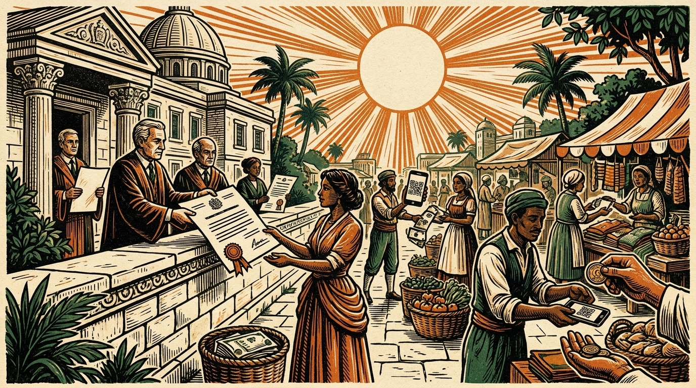 A government building handing licenses to a market already trading with phones and coins, rising sun, linocut