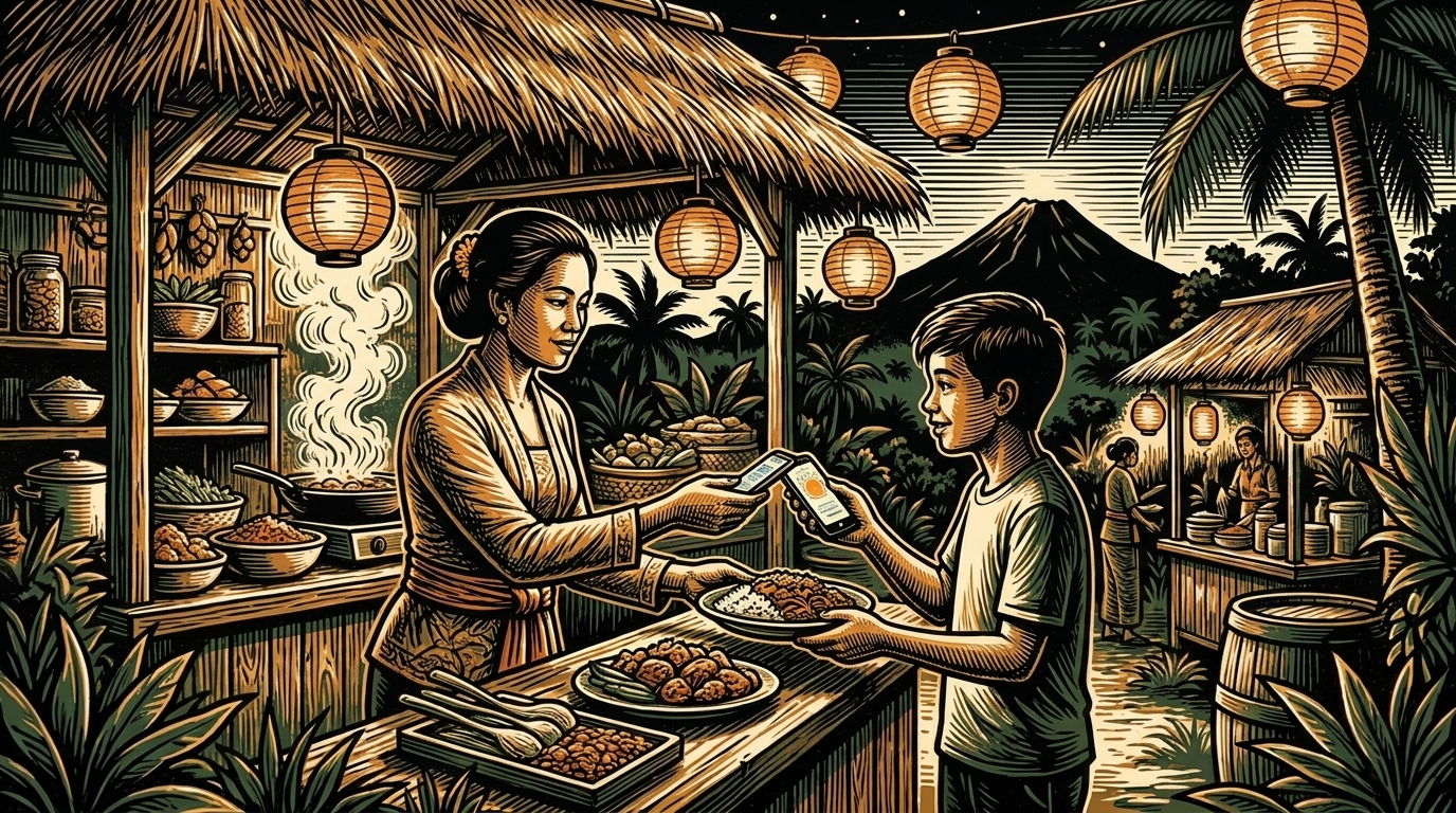 An Indonesian night-market food stall where a vendor takes a phone payment, linocut