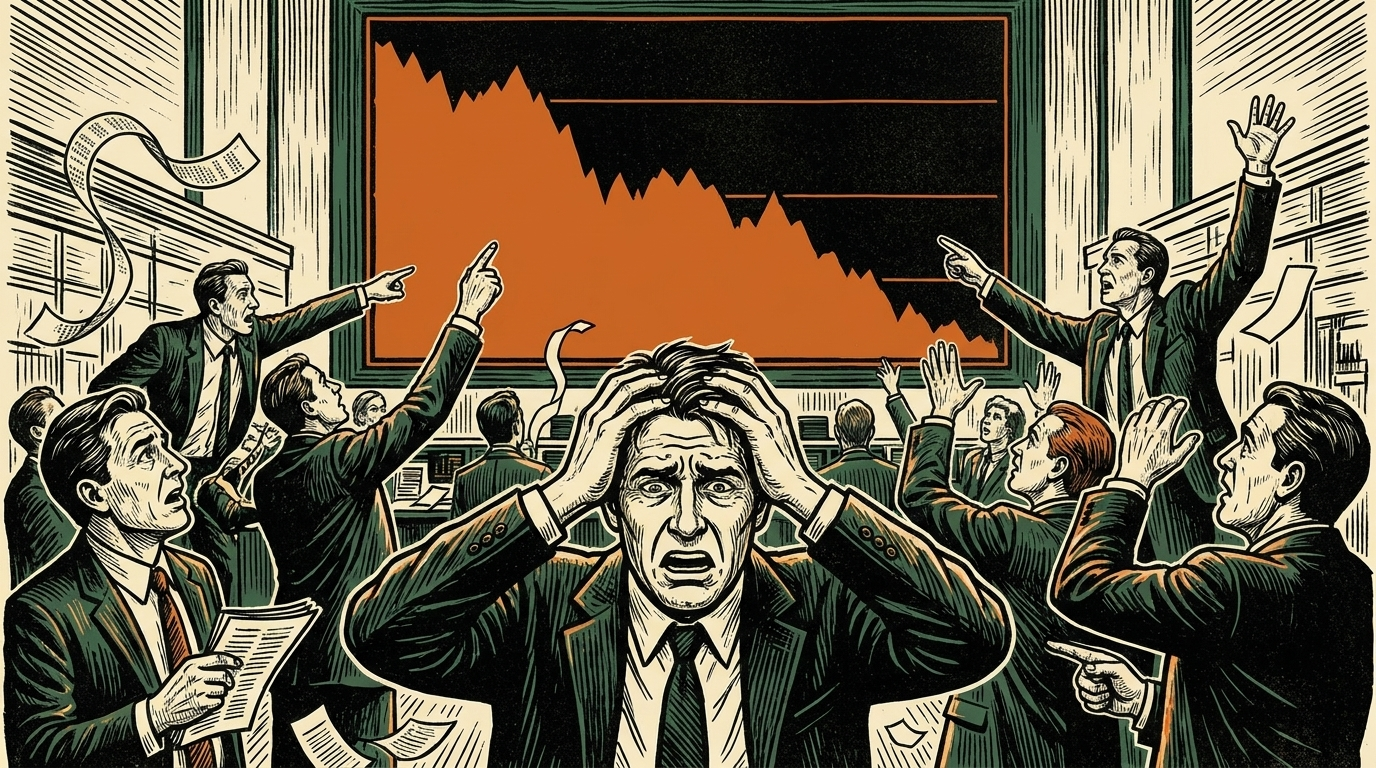A trading hall watching a steep descending line, linocut