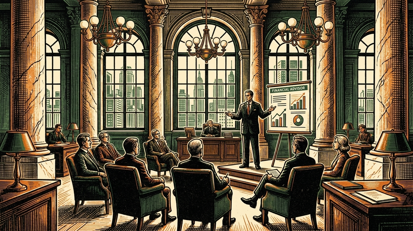 A marble Wall Street wealth-management hall, linocut