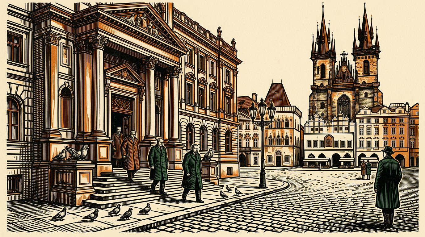 A stately central-bank building in a Prague old-town square, linocut
