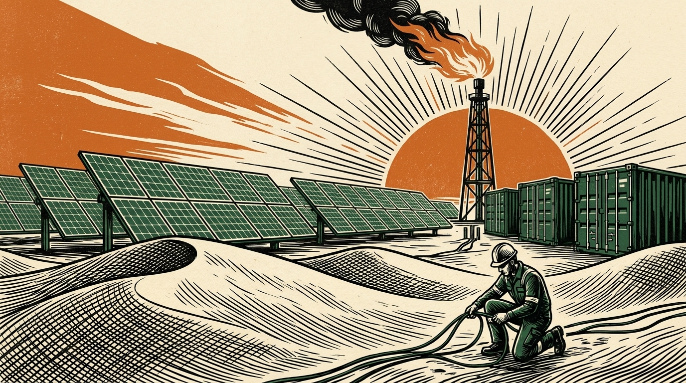 A Gulf desert energy site with a flare, solar panels and mining sheds, linocut