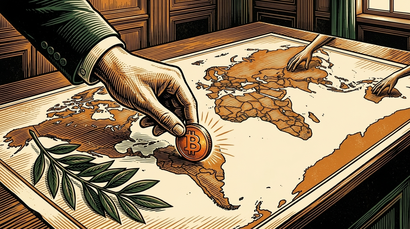 A diplomat sliding a single coin across a table-map of the world, linocut