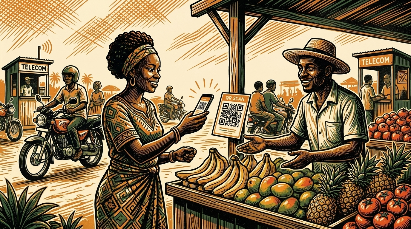 A woman paying a market vendor by phone in an African city, linocut