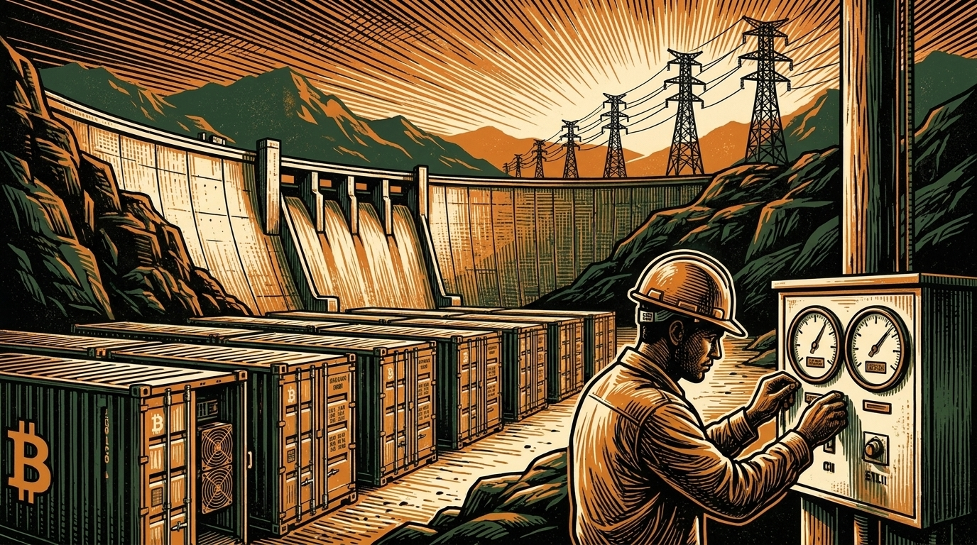 Bitcoin-mining containers beside a hydroelectric dam in the Ethiopian highlands, linocut