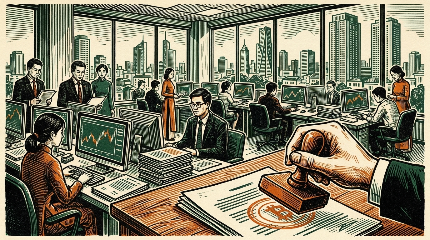 A regulatory trading office in Hanoi reviewing exchange licences, linocut