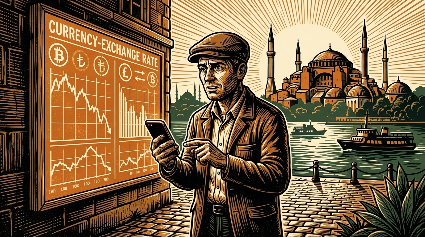 A man on an Istanbul street checking his phone against a currency-exchange board, linocut