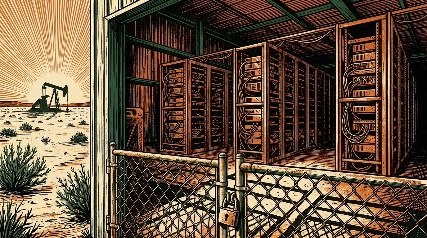 An abandoned West Texas bitcoin-mining warehouse at dusk, silent racks, linocut