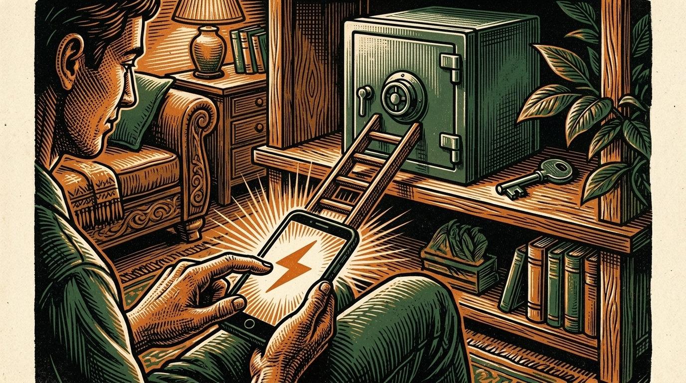 A first-time user tapping a Lightning payment on a phone, a vault and key behind, linocut