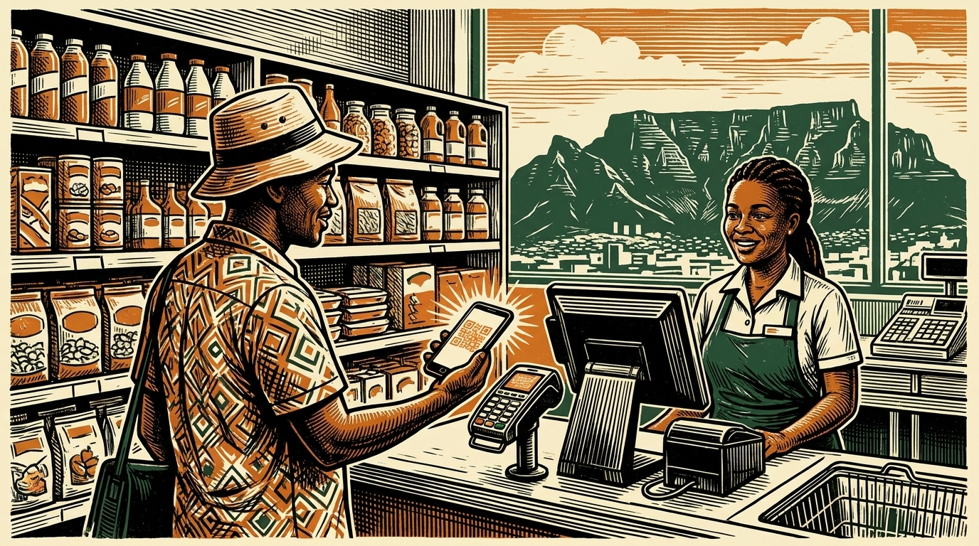 A shopper scans a phone to pay at a South African supermarket till, linocut