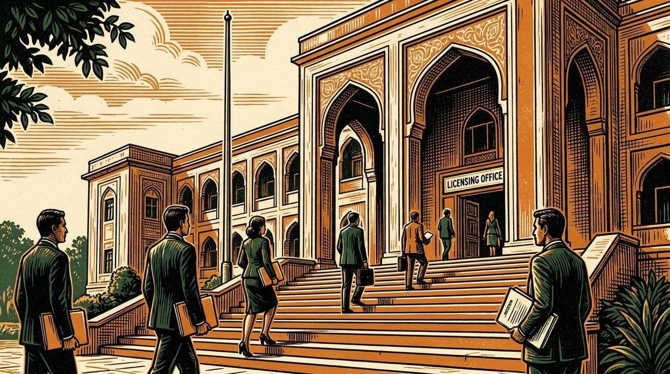 Businesspeople climb the steps of an Islamabad ministry carrying documents, linocut