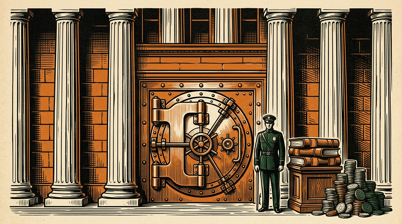 A guarded bank vault door at a columned financial building, linocut