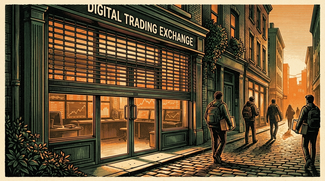 A shuttered exchange storefront at dusk, gate half-closed, linocut