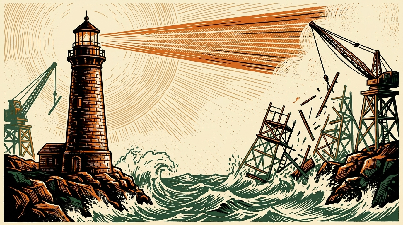 A stone lighthouse stands firm while scaffolding around it collapses, linocut