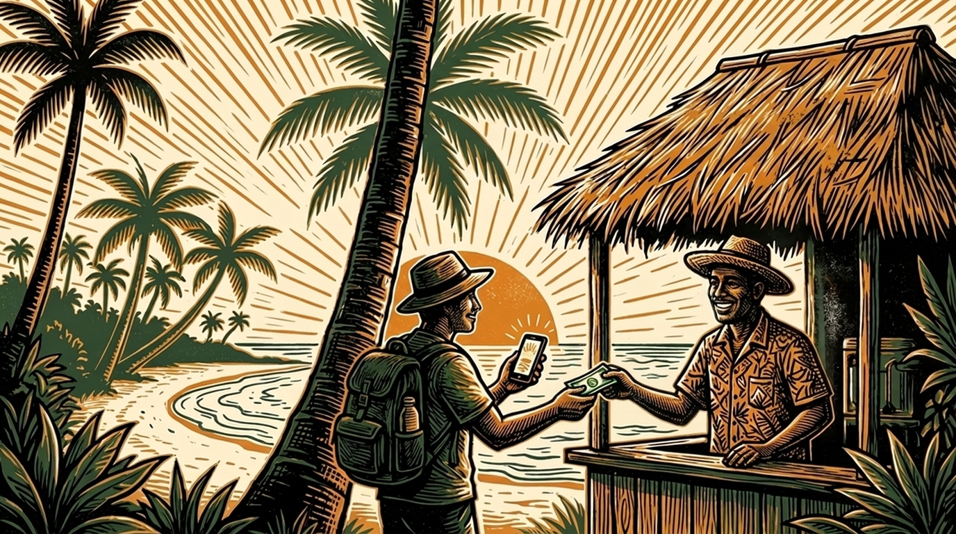 A beachfront vendor takes a phone payment in a Costa Rican surf town, linocut