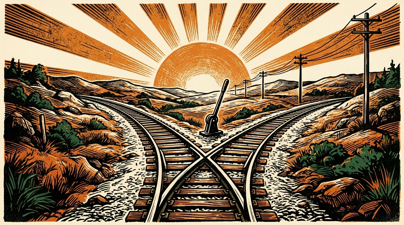 Two railway tracks diverge beneath a rising sun, linocut