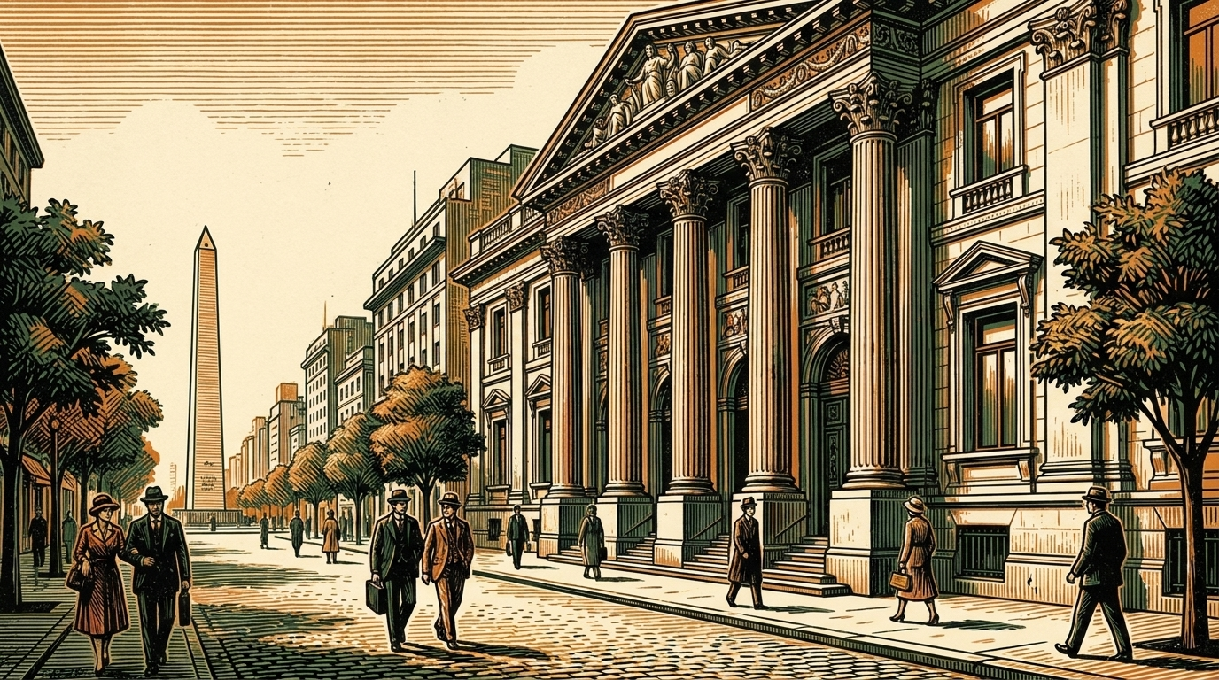 A grand Buenos Aires bank building with the Obelisco beyond, linocut