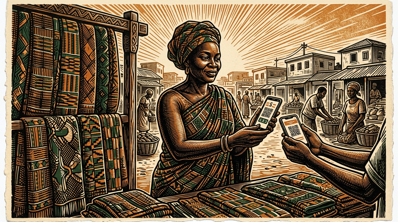 A woman at an Accra fabric stall takes a mobile payment, linocut