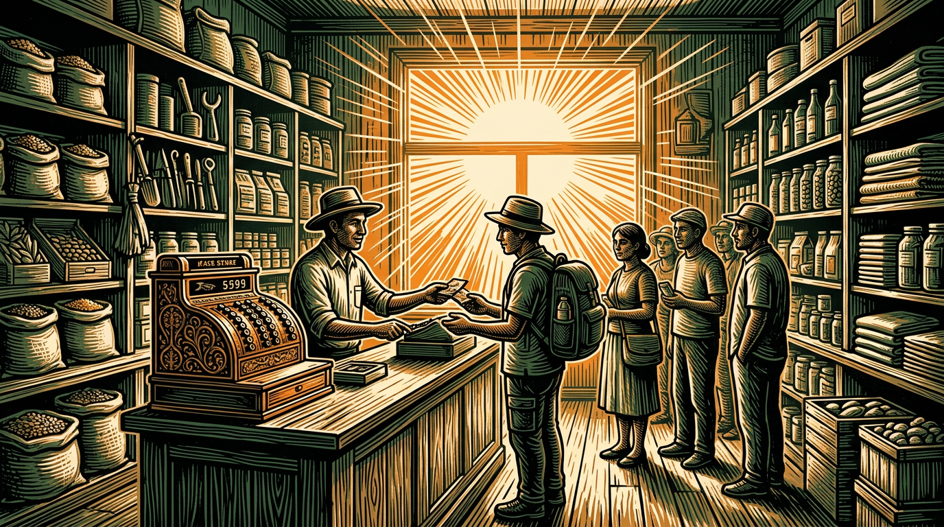 A shopkeeper rings up a sale at a cash register under a bright sun, linocut