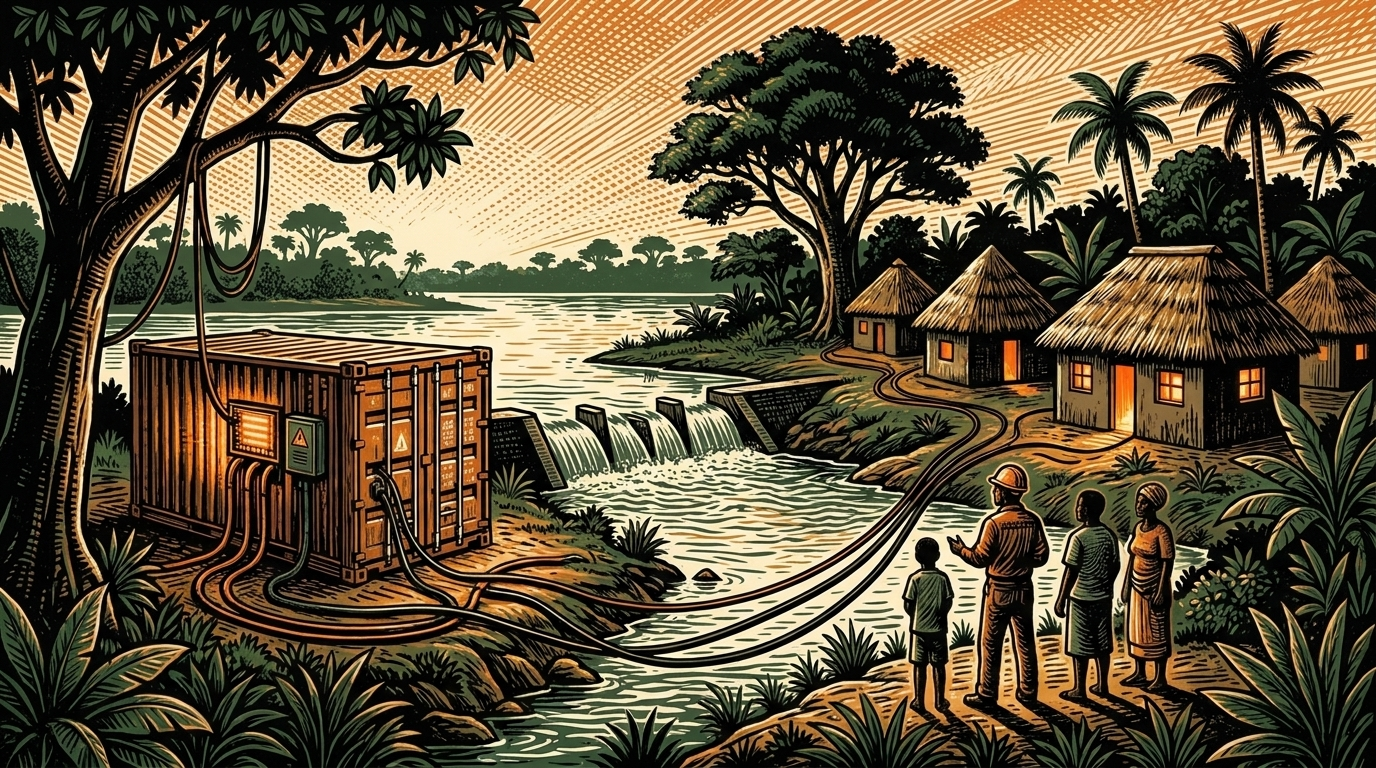 A container bitcoin mine beside a small hydro plant on the Zambezi, power running to a village at dusk