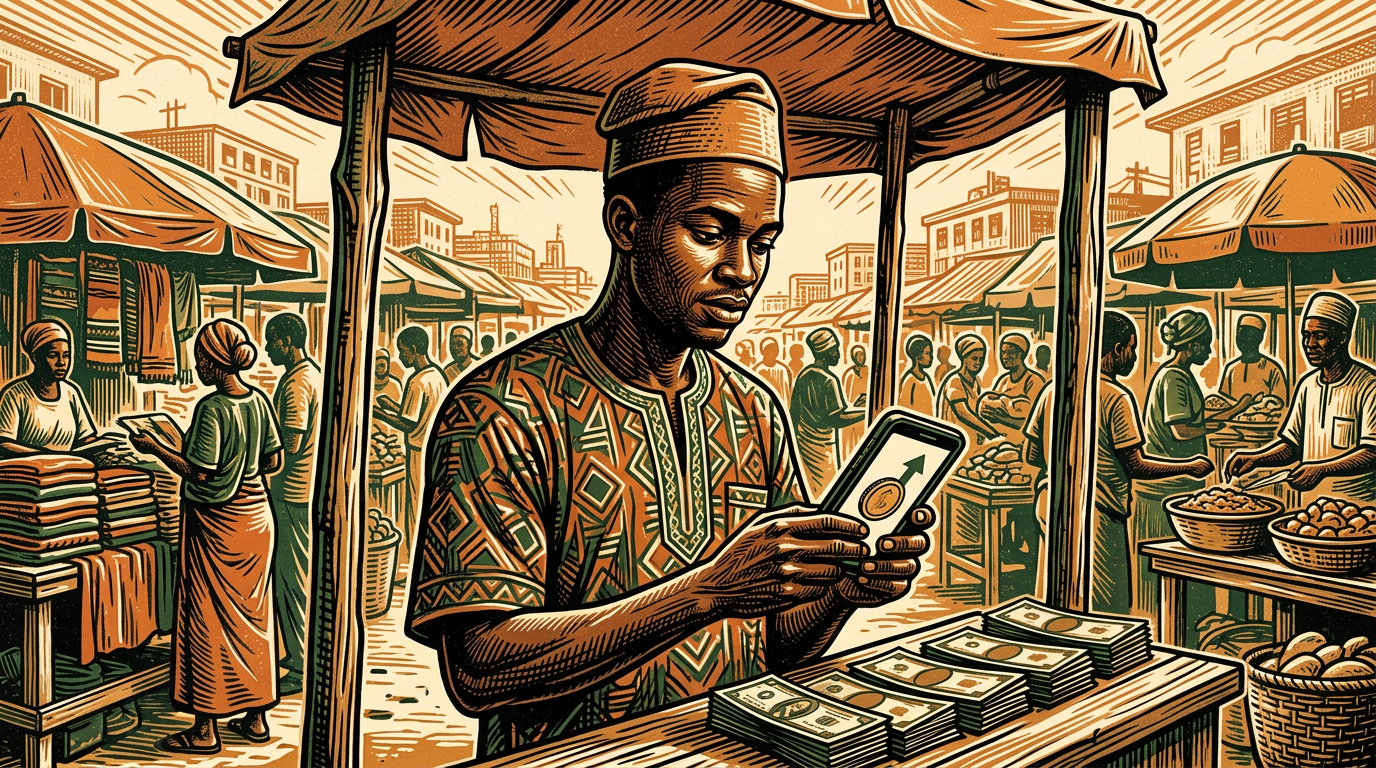 A Lagos market vendor checks a phone showing a rising coin, banknotes on the stall