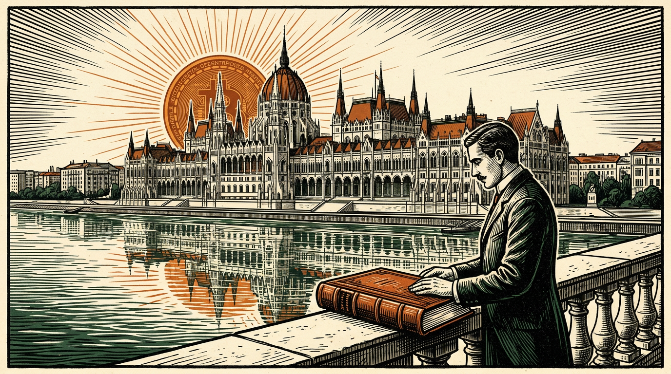 The Hungarian Parliament on the Danube at dawn with a rising coin over the domes