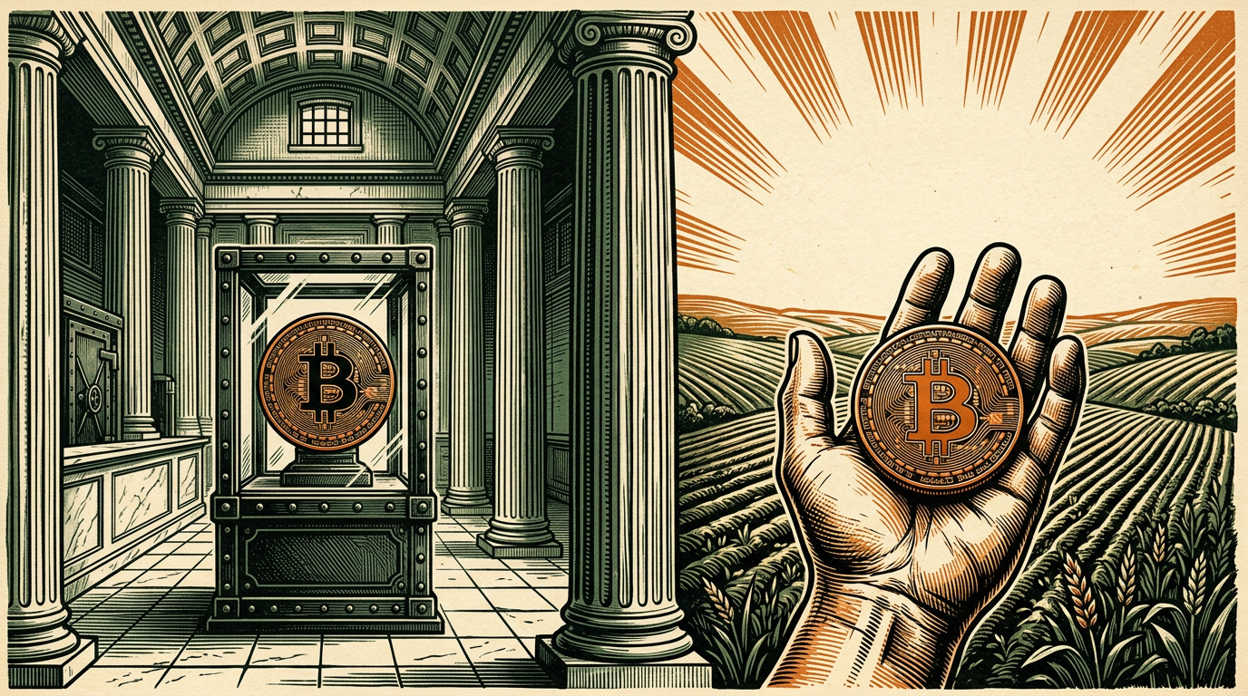 A coin locked behind glass in a marble hall on one side; an open hand holding the same coin in a field on the other