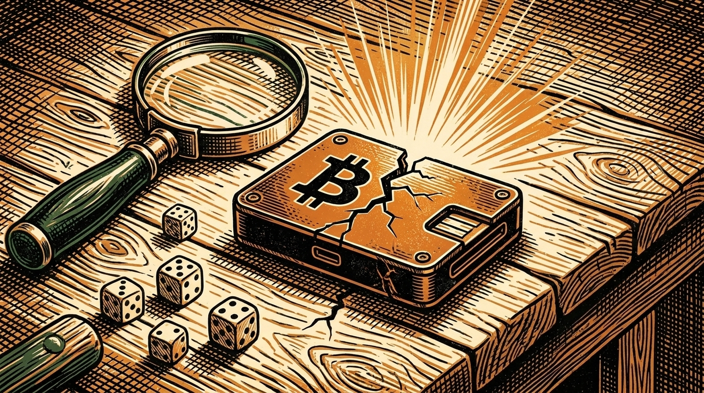 A cracked bitcoin hardware wallet on a workbench with light leaking through the seam, linocut