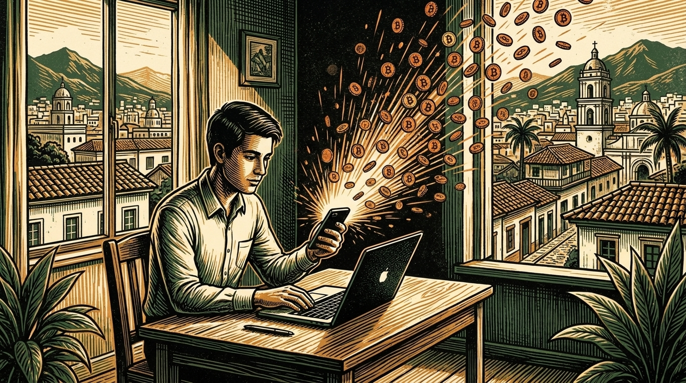 A young worker at a laptop receiving a stream of glowing coins on a phone, city rooftops beyond, linocut