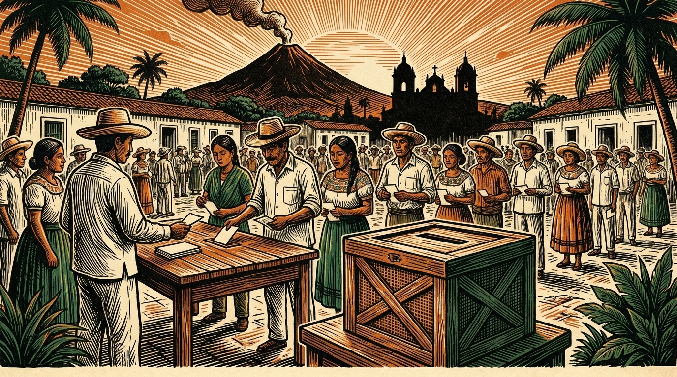 Citizens casting ballots at an outdoor polling table in a Central American plaza, a volcano behind, linocut