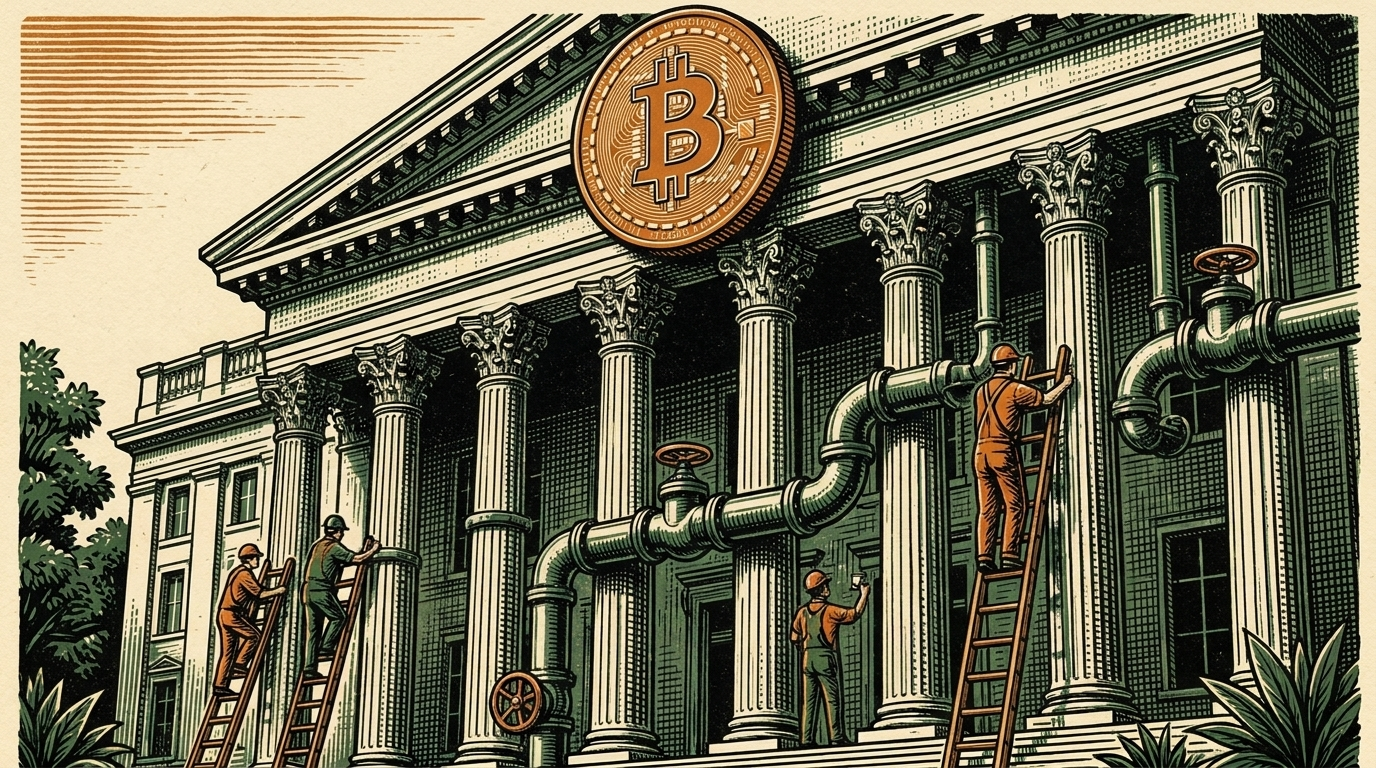 Workers installing large pipes onto a columned stock-exchange building with a coin medallion above, linocut