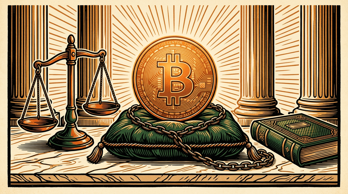 A glowing coin on a velvet cushion wrapped in a chain beside a balance scale in a marble bank hall, linocut